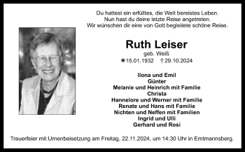 Anzeige von Ruth Leiser von Nordbayerischer Kurier