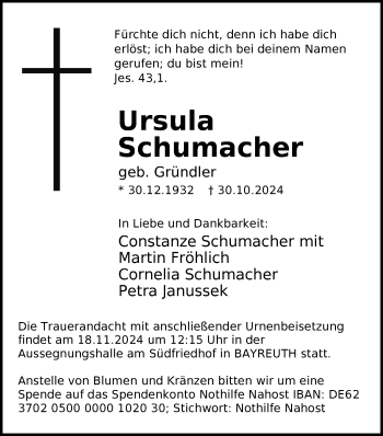 Anzeige von Ursula Schumacher von Nordbayerischer Kurier