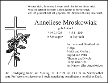 Anzeige von Anneliese Mroskowiak von Nordbayerischer Kurier