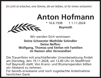 Anzeige von Anton Hofmann von Nordbayerischer Kurier