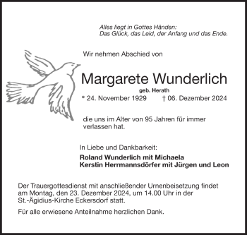 Anzeige von Margarete Wunderlich von Nordbayerischer Kurier