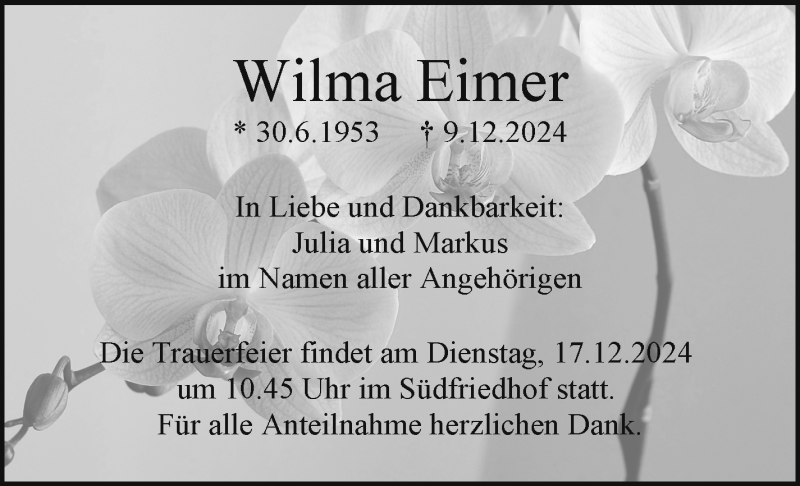  Traueranzeige für Wilma Eimer vom 14.12.2024 aus Nordbayerischer Kurier
