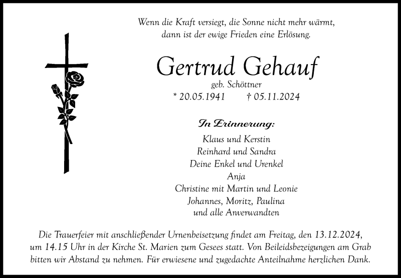  Traueranzeige für Gertraud Gehauf vom 07.12.2024 aus Nordbayerischer Kurier