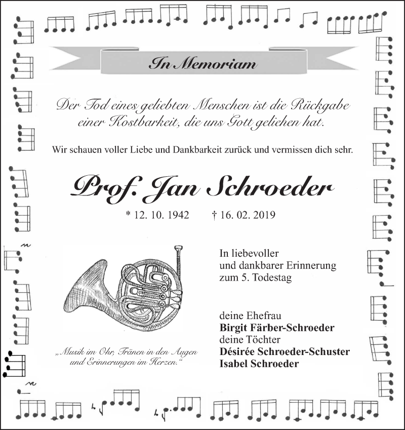  Traueranzeige für Jan Schroeder vom 16.02.2024 aus Nordbayerischer Kurier