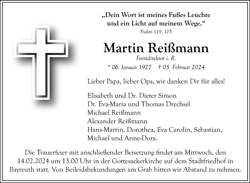  Traueranzeige für Martin Reißmann vom 07.02.2024 aus Nordbayerischer Kurier