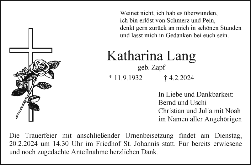  Traueranzeige für Katharina Lang vom 10.02.2024 aus Nordbayerischer Kurier