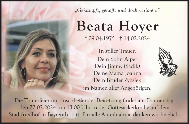  Traueranzeige für Beata Hoyer vom 17.02.2024 aus Nordbayerischer Kurier