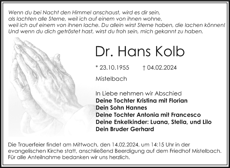  Traueranzeige für Hans Kolb vom 10.02.2024 aus Nordbayerischer Kurier
