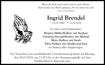 Anzeige von Ingrid Brendel von Nordbayerischer Kurier