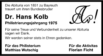 Anzeige von Hans Kolb von Nordbayerischer Kurier