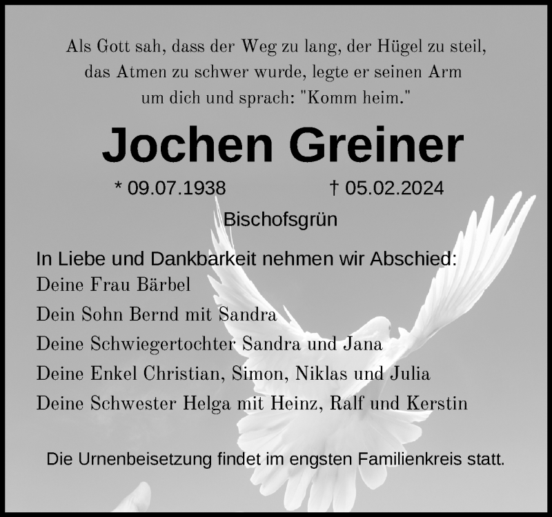  Traueranzeige für Jochen Greiner vom 10.02.2024 aus Nordbayerischer Kurier