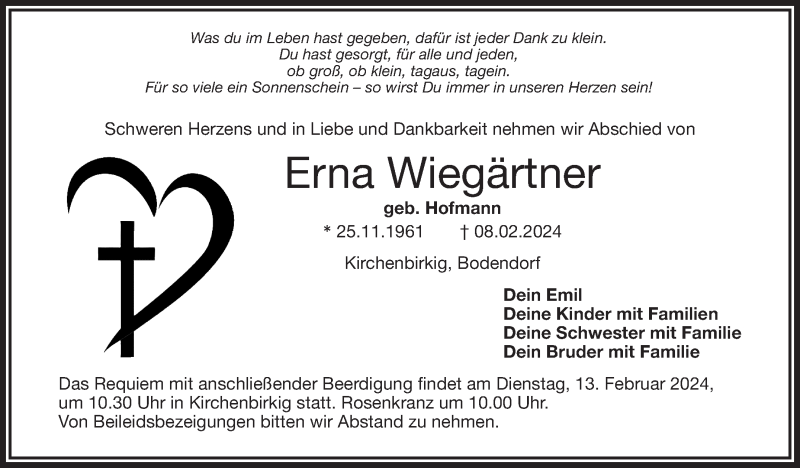  Traueranzeige für Erna Wiegärtner vom 10.02.2024 aus Nordbayerischer Kurier