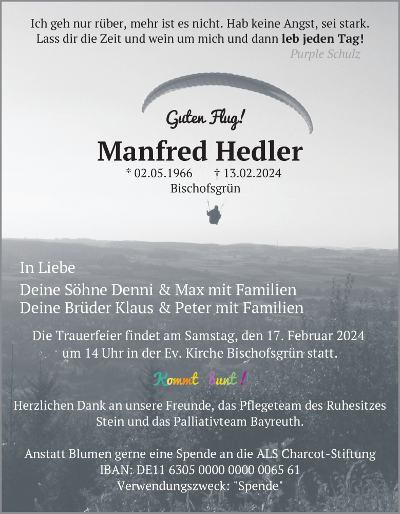  Traueranzeige für Manfred Hedler vom 15.02.2024 aus Nordbayerischer Kurier