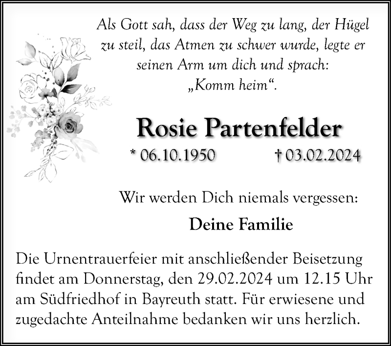  Traueranzeige für Rosemarie Partenfelder vom 24.02.2024 aus Nordbayerischer Kurier