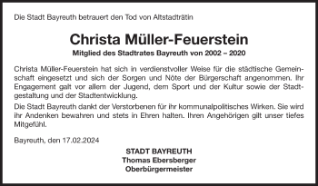 Anzeige von Christa Müller-Feuerstein von Nordbayerischer Kurier