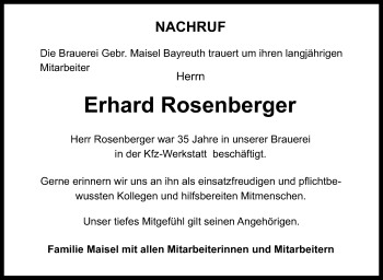 Anzeige von Erhard Rosenberger von Nordbayerischer Kurier