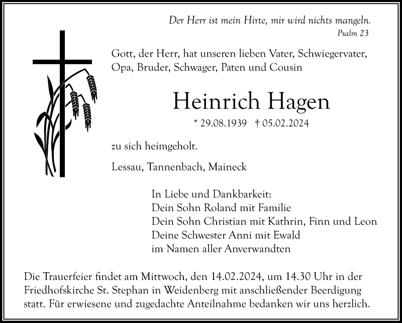  Traueranzeige für Heinrich Hagen vom 10.02.2024 aus Nordbayerischer Kurier