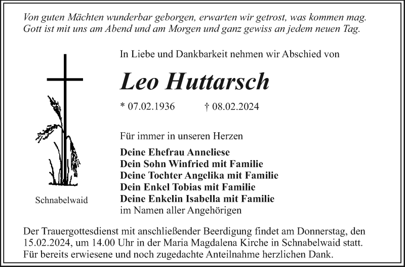  Traueranzeige für Leo Huttarsch vom 13.02.2024 aus Nordbayerischer Kurier