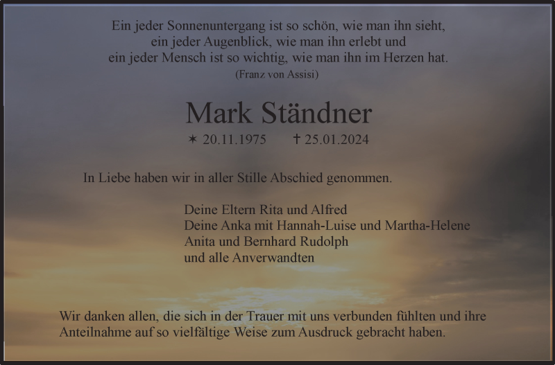  Traueranzeige für Mark Ständner vom 17.02.2024 aus Nordbayerischer Kurier