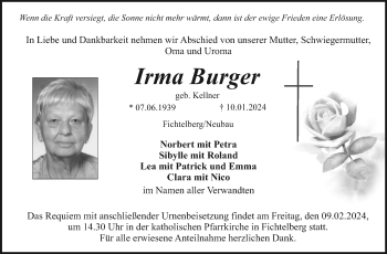 Anzeige von Irma Burger von Nordbayerischer Kurier