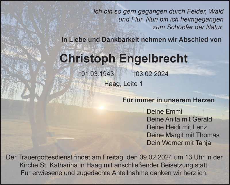  Traueranzeige für Christoph Engelbrecht vom 07.02.2024 aus Nordbayerischer Kurier