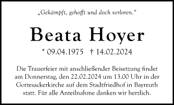 Anzeige von Beata Hoyer von Nordbayerischer Kurier