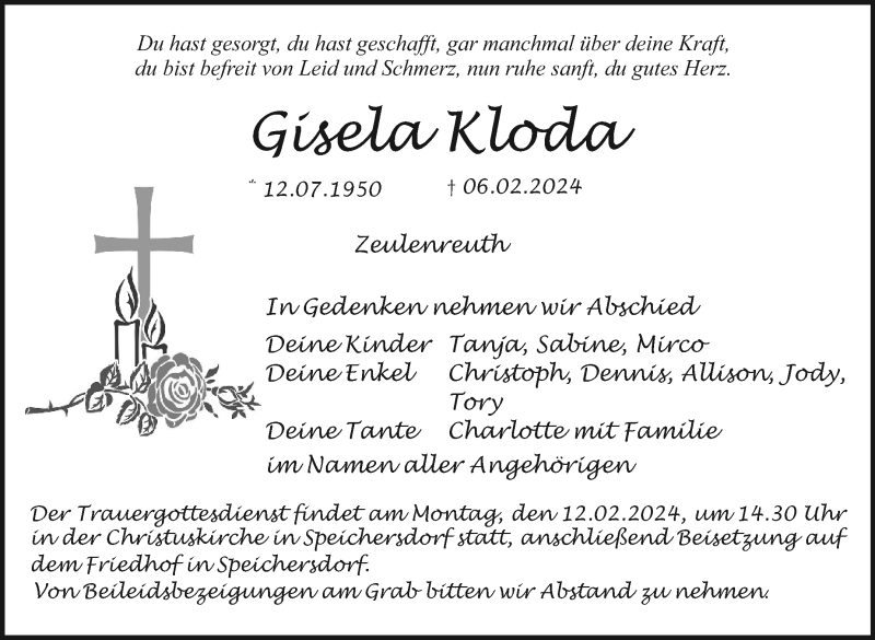  Traueranzeige für Gisela Kloda vom 10.02.2024 aus Nordbayerischer Kurier