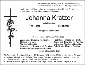 Anzeige von Johanna Kratzer von Nordbayerischer Kurier