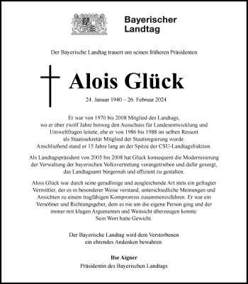 Anzeige von Alois Glück von Nordbayerischer Kurier