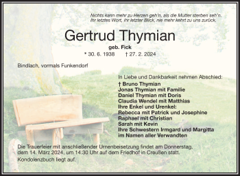 Anzeige von Gertrud Thymian von Nordbayerischer Kurier