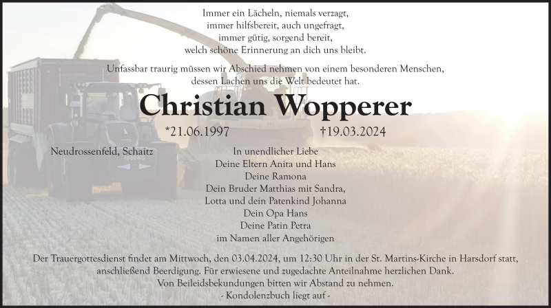  Traueranzeige für Christian Wopperer vom 30.03.2024 aus Nordbayerischer Kurier