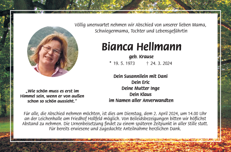 Traueranzeige für Bianca Hellmann vom 30.03.2024 aus Nordbayerischer Kurier