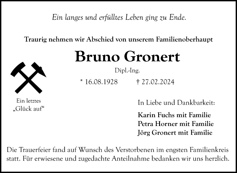 Traueranzeigen von Bruno Gronert | Nordbayerischer Kurier