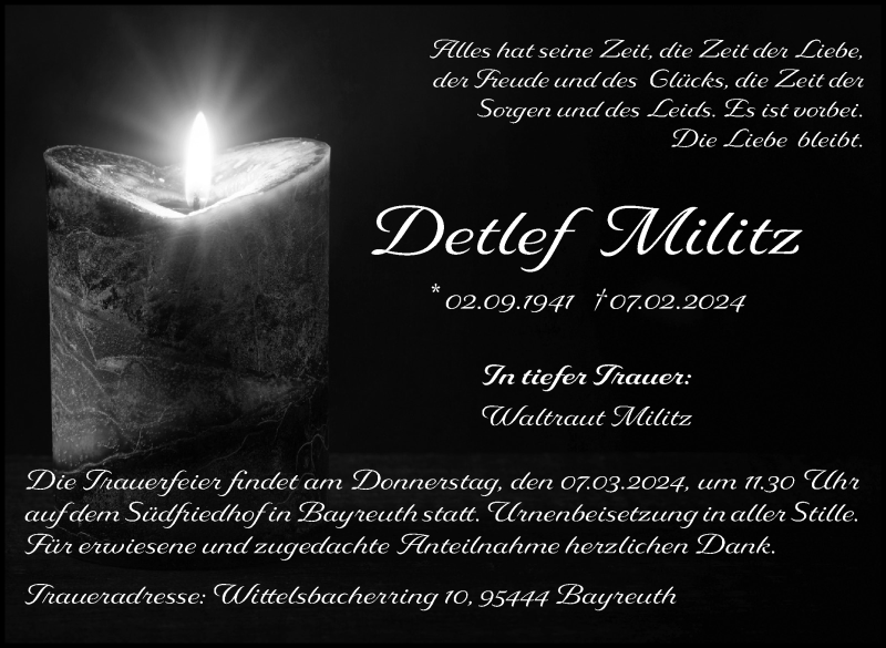  Traueranzeige für Detlef Militz vom 02.03.2024 aus Nordbayerischer Kurier