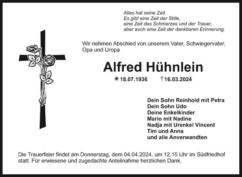  Traueranzeige für Alfred Hühnlein vom 28.03.2024 aus Nordbayerischer Kurier