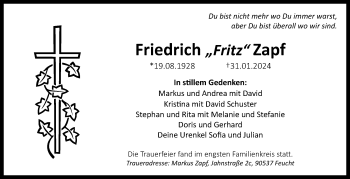 Anzeige von Friedrich Zapf von Nordbayerischer Kurier