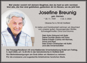 Anzeige von Josefine Breunig von Nordbayerischer Kurier