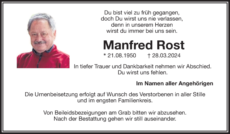  Traueranzeige für Manfred Rost vom 16.04.2024 aus Nordbayerischer Kurier
