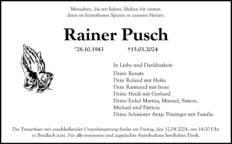  Traueranzeige für Rainer Pusch vom 06.04.2024 aus Nordbayerischer Kurier