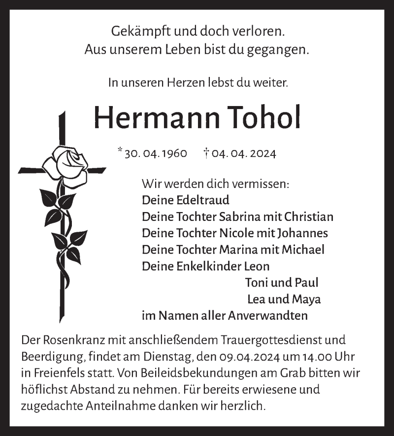  Traueranzeige für Hermann Tohol vom 08.04.2024 aus Nordbayerischer Kurier