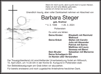 Anzeige von Barbara Steger von Nordbayerischer Kurier