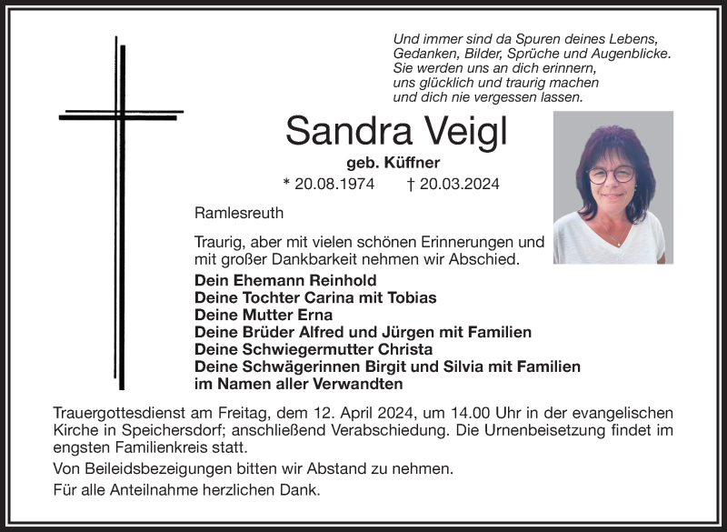 Traueranzeige für Sandra Veigl vom 10.04.2024 aus Nordbayerischer Kurier