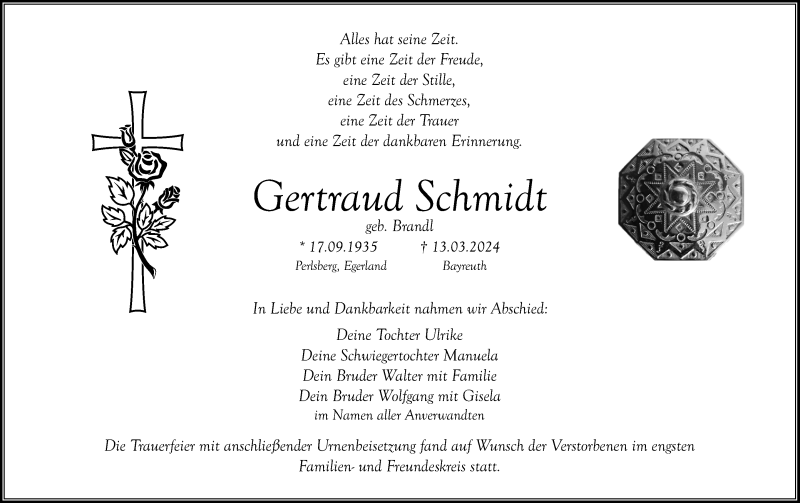  Traueranzeige für Gertraud Schmidt vom 13.04.2024 aus Nordbayerischer Kurier