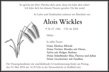 Anzeige von Alois Wickles von Nordbayerischer Kurier
