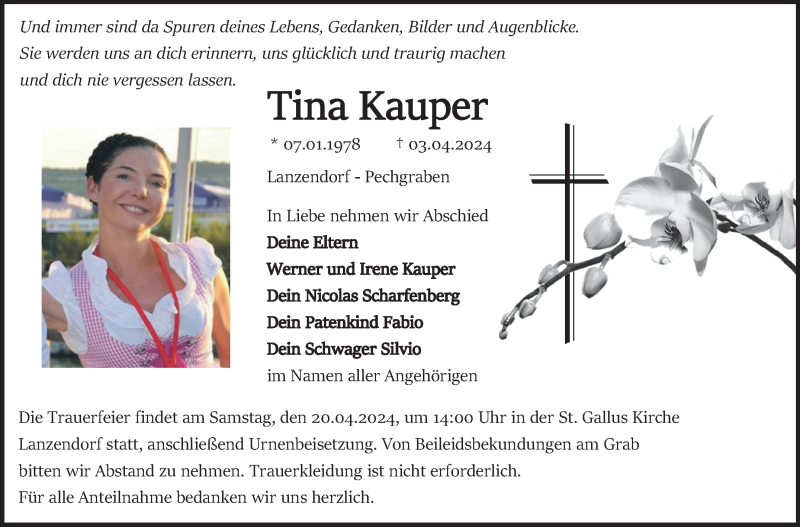  Traueranzeige für Tina Kauper vom 18.04.2024 aus Nordbayerischer Kurier