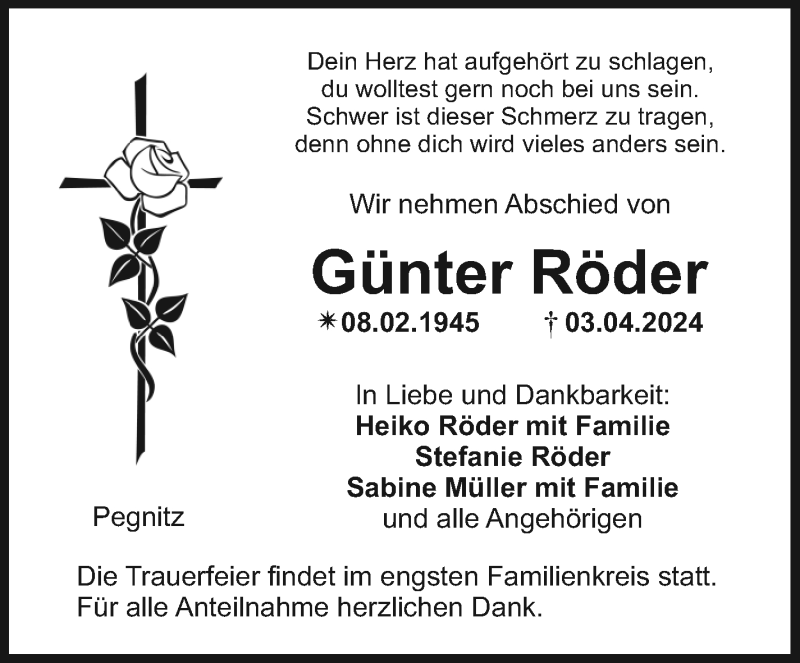 Traueranzeige für Günter Röder vom 13.04.2024 aus Nordbayerischer Kurier