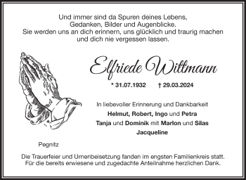 Anzeige von Elfriede Wittmann von Nordbayerischer Kurier