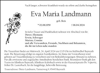 Anzeige von Eva Maria Landmann von Nordbayerischer Kurier