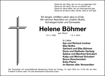 Anzeige von Helene Böhmer von Nordbayerischer Kurier