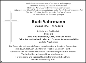 Anzeige von Rudi Sahrmann von Nordbayerischer Kurier